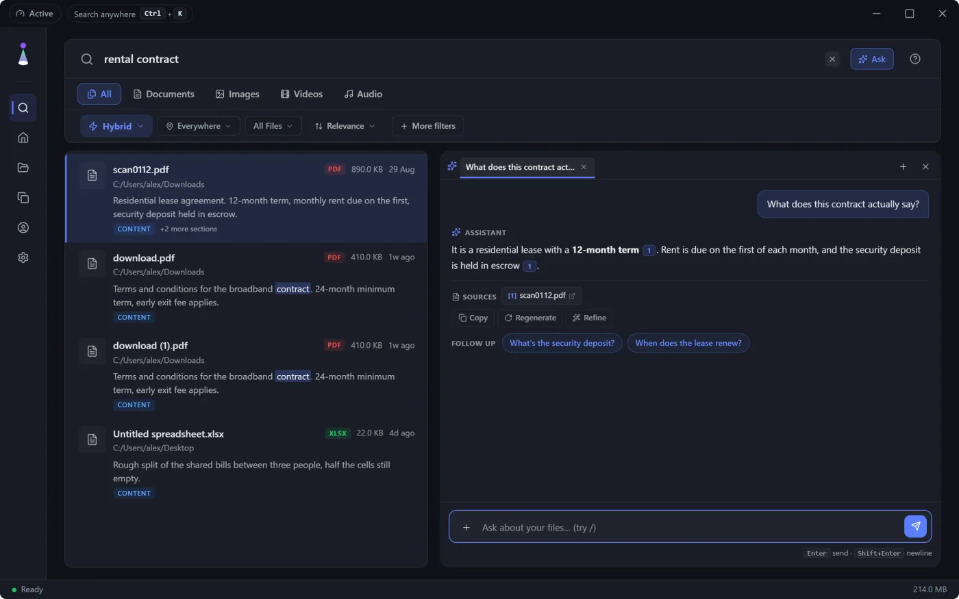 BeaconFind answering a question about a rental contract, with the source it used