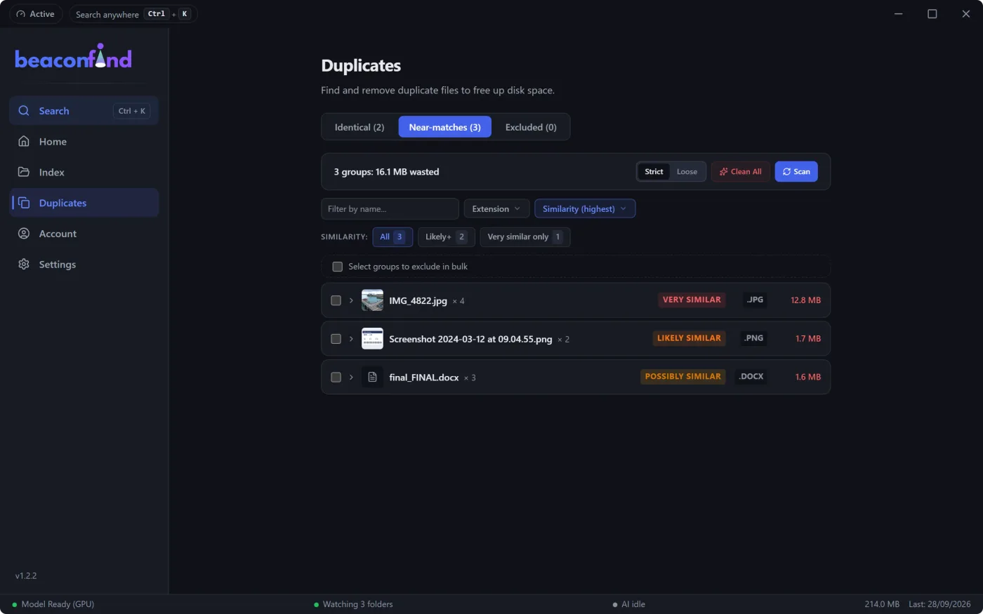BeaconFind duplicate file detection view