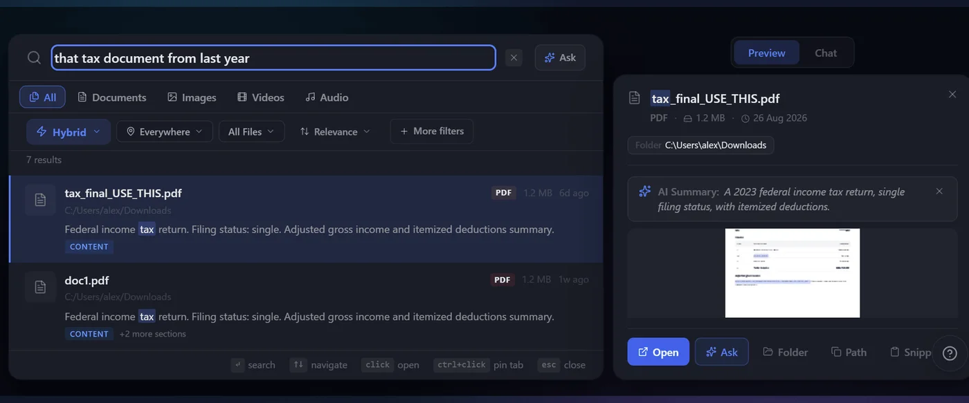 BeaconFind search results with an AI summary and a PDF preview