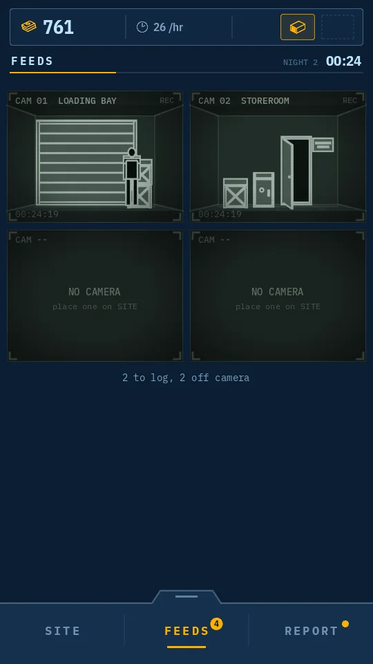 The FEEDS screen: a grid of monochrome camera stills, two live and two with no camera placed