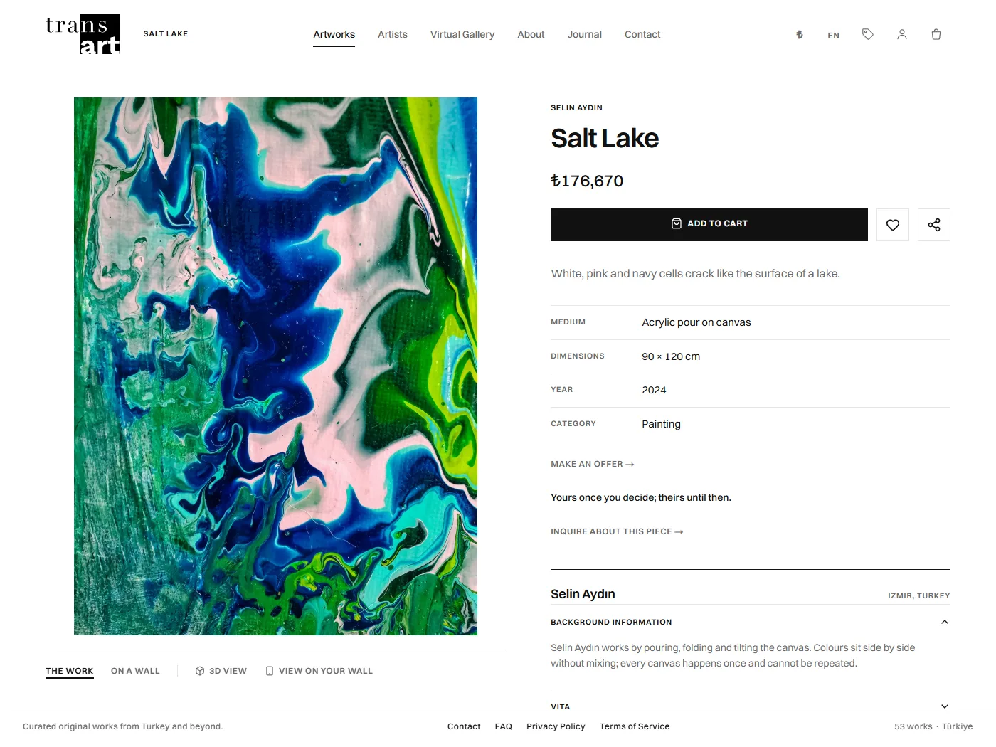 TransArt Collection: an artwork's page, with price, details and 3D and on-your-wall views